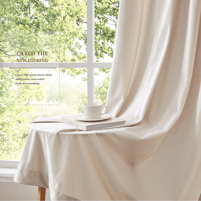 BULBUL Cream Curtains 120 inch Length- Set of 2 Living Room Ivory Velvet - Image 4