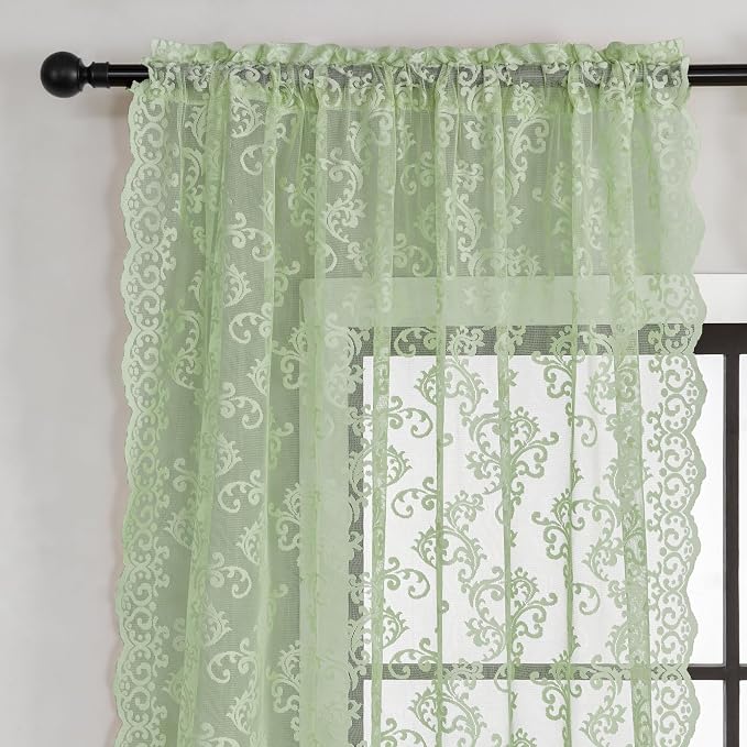 FOLKSIDE Sage Green Lace Curtains 96 Inches Long 2 Panels Country Vintage Sheer - Image 2