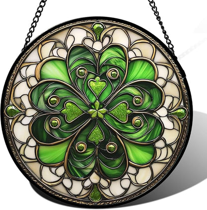 DASTOLL Stained Glass Window Hanging St. Ripak Festival Green Lucky Clover 6.3" by DASTOLL