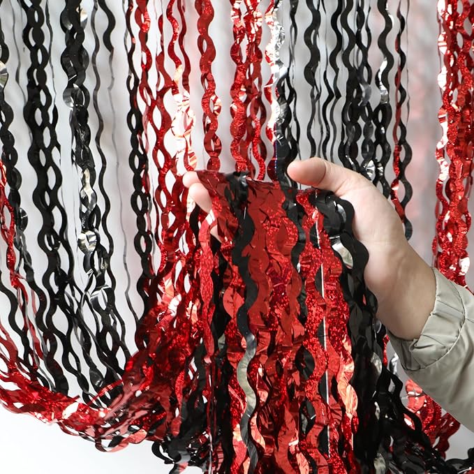 4 Pack Sparkle Red and Black Fringe Curtain by KEEUH