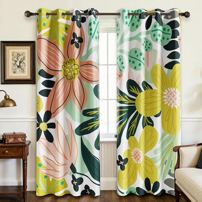 Tyrot Boho Floral 100% Blackout Curtains fo Bedroom 63 inch Long 2 Panels Mid by TyrotHomeDecor