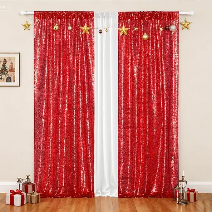 Poise3EHome 2Pcs 2Ft x 8Ft Red Sequin Backdrop Curtains, Glitter Photography - Image 2