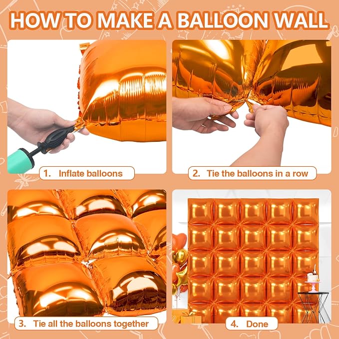 NISOCY 25PCS Metallic Orange Square Foil Balloons Wall Backdrop | Double Sided - Image 4