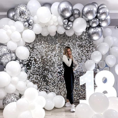 Silver and White Balloons, 12 Inch Metallic Silver White Latex Balloons Set - Image 5