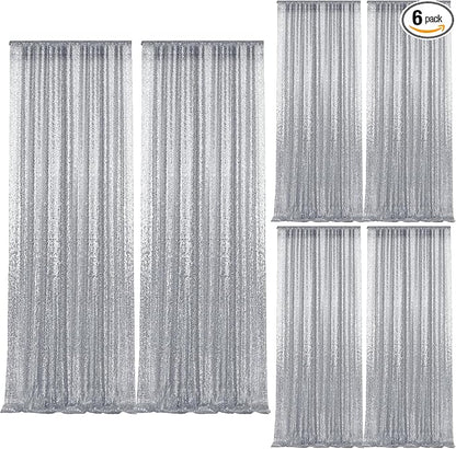 2×8FT-6PCS Silver Sequin Backdrop Curtains Panels, Photography Backdrop Glitter by Pufogu