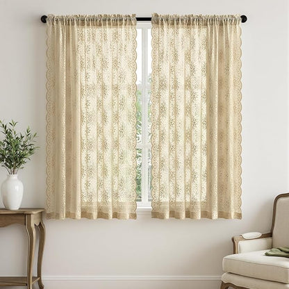 MIULEE Vintage Floral Scalloped Lace Curtains 2 Panels, Short Semi Sheer - Image 7