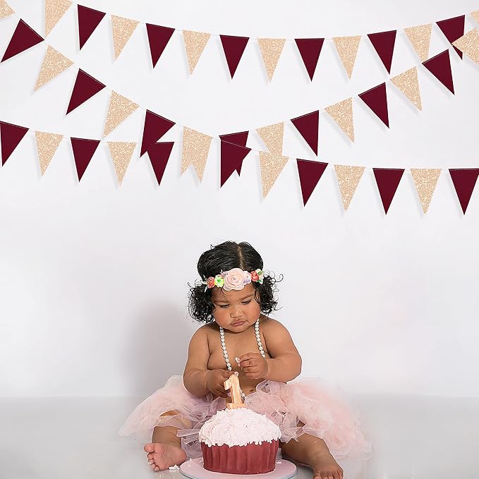 Burgundy Party Decorations Maroon Champagne Gold Triangle Banner Flag Bunting - Image 5