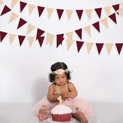 Burgundy Party Decorations Maroon Champagne Gold Triangle Banner Flag Bunting - Image 5