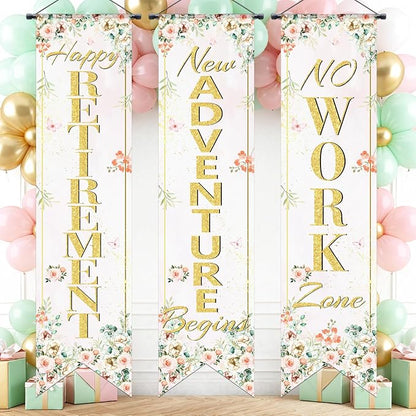 3Pcs Retirement Porch Sign Door Hanging Banner Floral Happy Retirement Banner by TagreSpike