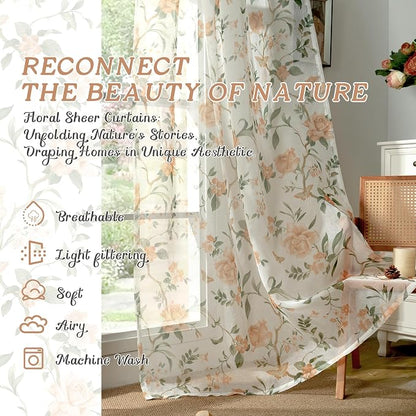 Floral Sheer Curtains for Bedroom Window 72 Inch Length 2 Panels, Farmhouse - Image 2