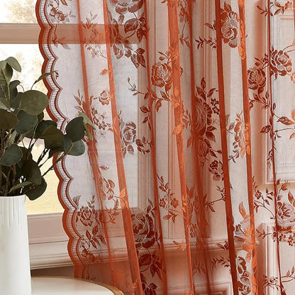 Burnt Orange Lace Curtains 96 Inches Long Fall Country Floral Sheer Curtains - Image 3