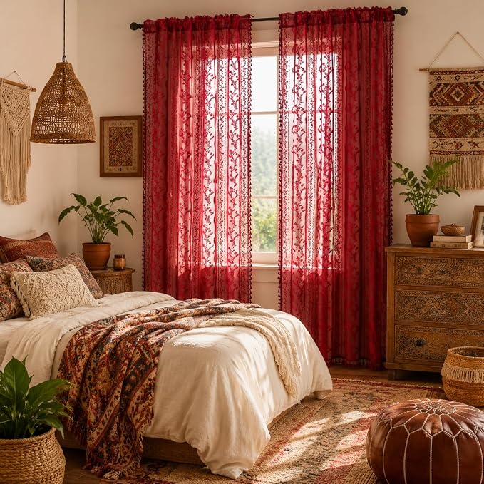 WAZZIO Boho Lace Curtains 2 Panels 84 Inch -Victorian Sheer Panel Drape French - Image 2