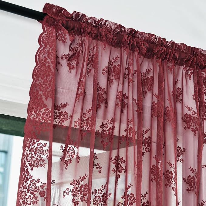 Kotile Burgundy Lace Curtains for Living Room Floral 42 x 84 Inch, 2 Panels | - Image 4