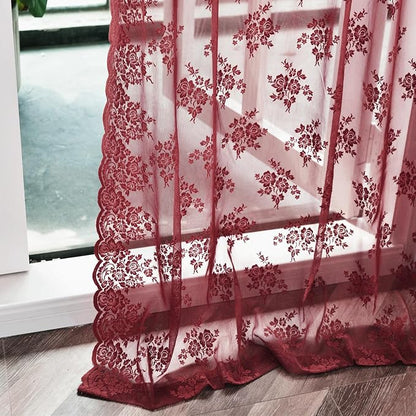 Kotile Burgundy Lace Curtains for Living Room Floral 42 x 84 Inch, 2 Panels | - Image 7