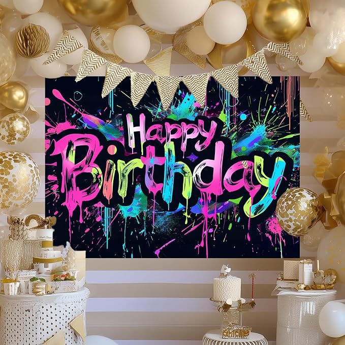 HOMETITUTE Neon Happy Birthday Backdrop 96x72 Inch | Happy Birthday Backdrop - Image 3