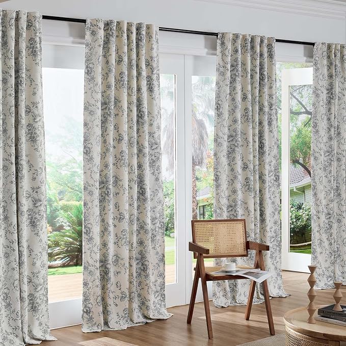 jinchan Grey Floral Linen Blackout Curtains Lined 84 Inch Back Tab 2 Panels | - Image 7