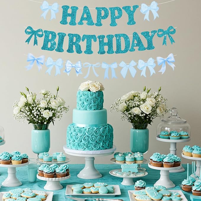 Glitter Lake Blue Bow Happy Birthday Banner Pre-Strung Happy Birthday - Image 5