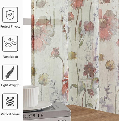 Crushed Sheer Curtains Kitchen Tiers 36 Inch Length 2 Panels, Printed Design - Image 2
