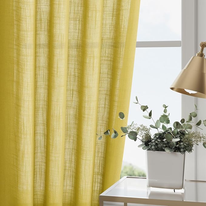 Celery Yellow Linen Curtains 108 Inches Long 2 Panels Set Back Tab Loop Pocket - Image 4