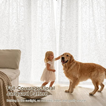 Anmao White Semi Sheer Light Filtering Extra Long Curtains 2 Panels, Leaf - Image 5