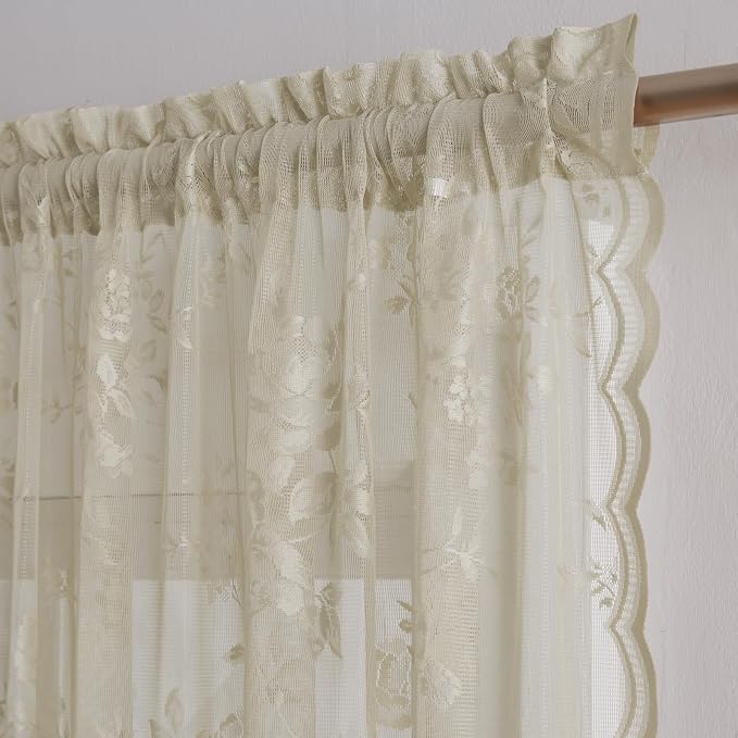 Khaki Lace Curtains 84 Inches Long 2 Panels Vintage Floral Sheer Curtains - Image 5