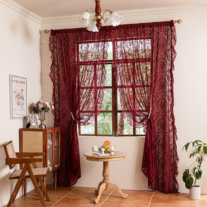 Deeprove Boho Lace Sheer Burgundy Curtains 84 Inches Long - Image 8