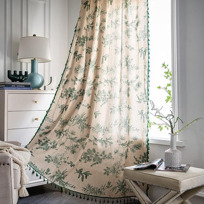 Boho Curtains with Tassel Bohemian Green Semi-Blackout Drapes 84 Inch Length by ENJOYBRIDAL