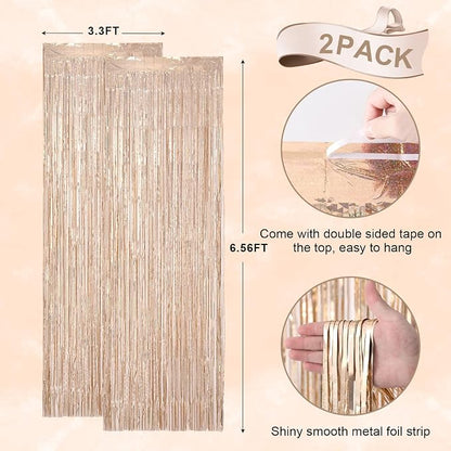Voircoloria Laser Champagne Foil Fringe Backdrop Curtains, 2 Pack | Tinsel - Image 3
