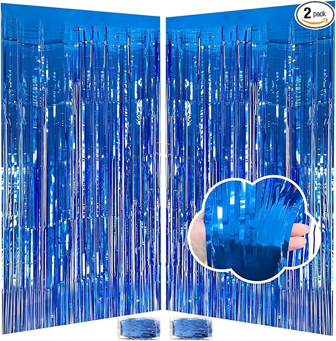 Blue Streamers Party Decorations 3.3x8.2ft, 2 Pack Dark Blue Tinsel Backdrop by JINSUI