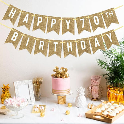 Netnology Pre-Strung Gold Glitter 70th Happy Birthday Banner Decorations | 12 - Image 4
