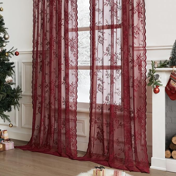 Burgundy Lace Curtains 45 Inch Length Vintage Floral Sheer Curtains - Image 3