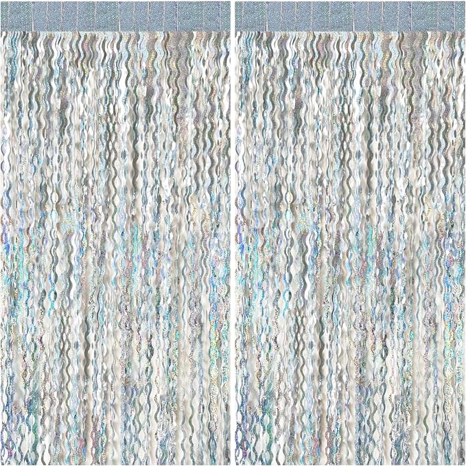 2 Pack Silver Backdrop Curtain Tinsel Streamers Sparkle Metallic Wavy Foil by BOMSI