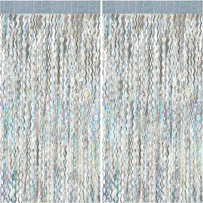 2 Pack Silver Backdrop Curtain Tinsel Streamers Sparkle Metallic Wavy Foil by BOMSI