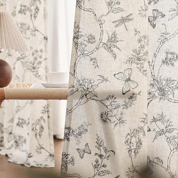 Black Floral Linen Curtains Farmhouse Rod Pocket 50W X 108L 2 Panels | - Image 4