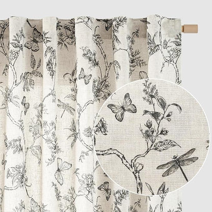 Black Floral Linen Curtains Farmhouse Rod Pocket 50W X 90L 2 Panels | Charlotte by Lazzzy