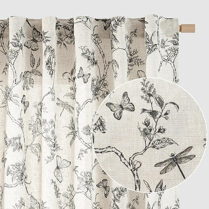 Black Floral Linen Curtains Farmhouse Rod Pocket 50W X 108L 2 Panels | by Lazzzy