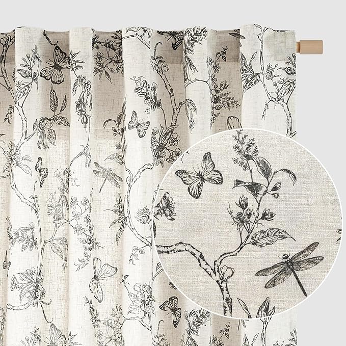 Black Floral Linen Curtains Farmhouse Rod Pocket 50W X 96L 2 Panels | Charlotte by Lazzzy