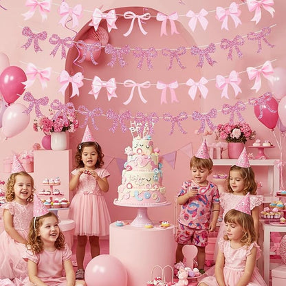 4pcs Glitter Pink Bow Garland Banner Pre-Strung Pink Bow Theme Party Backdrop - Image 4