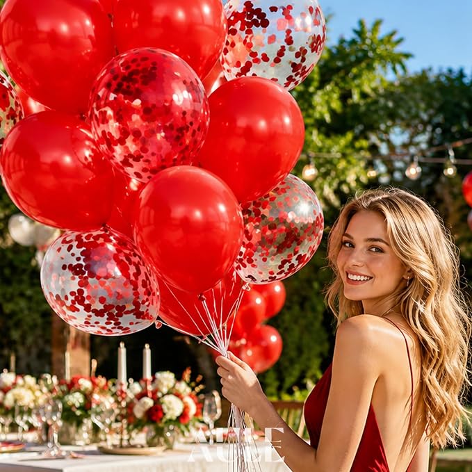 AULE 42Pcs Latex 12 Inch Red Confetti Balloons Set | Red Party Balloons - Image 2