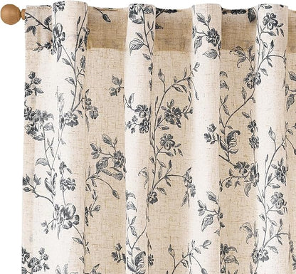 Black Vintage Floral Linen Curtains Farmhouse 38W X 63L 2 Panels | Elisa Series by Lazzzy