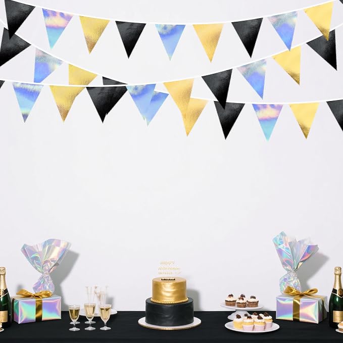 Black Gold Iridescent Party Decorations Triangle Pennant Banner Flag Metallic - Image 4