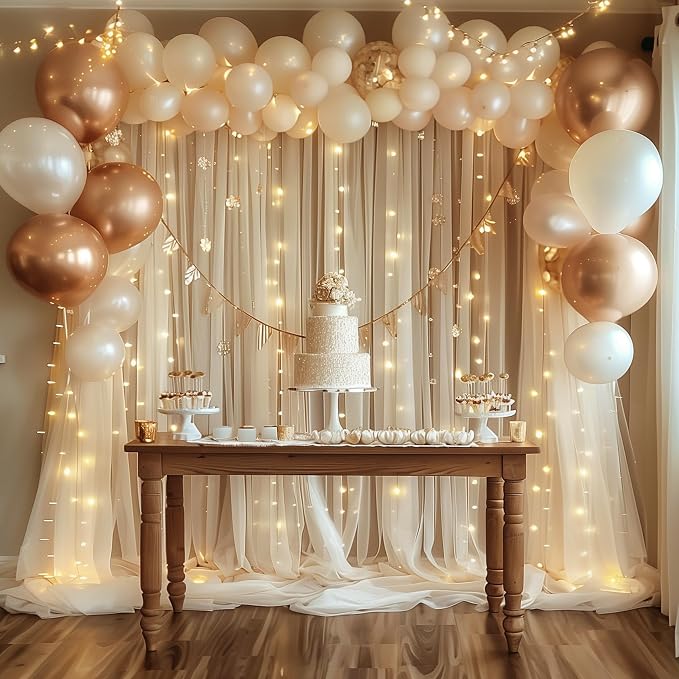 Tulle Backdrop Curtain with Lights Sheer Champagne Curtain Backdrop 30x10ft | - Image 6