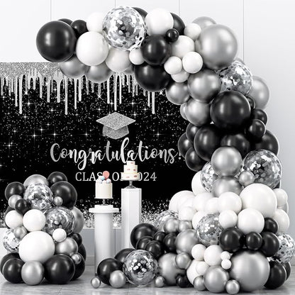 Mocsicka Black and Sliver Graduation Backdrop Congratulations Class of 2024 - Image 5