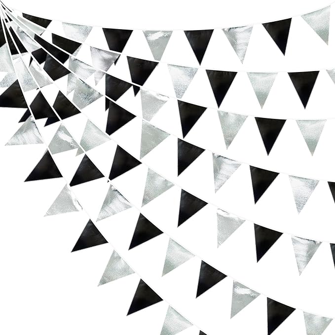 Black and Silver Party Decorations Triangle Pennant Banner Flag Metallic Fabric by pinkblume