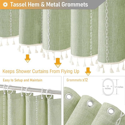 72x78 Long Boho Farmhouse Linen Heavy Duty Shower Curtain, Sage Green | Tall - Image 5