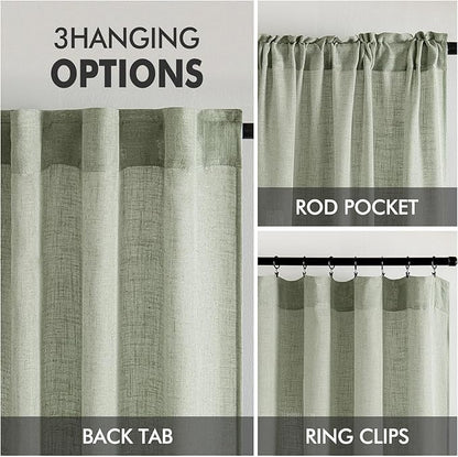 MIULEE Sage Linen Curtains 52x63 Inch Long 2 Panels of Green Window Drapes | - Image 3