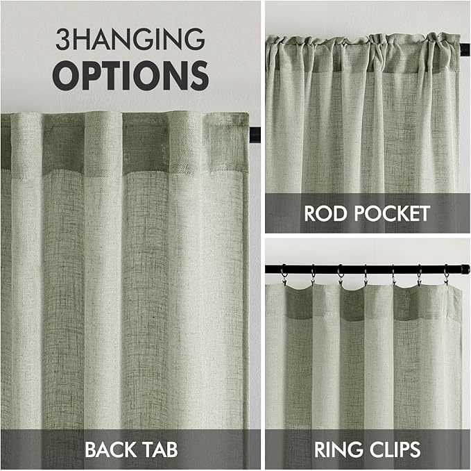 MIULEE Sage Linen Curtains 52x45 Inch Long 2 Panels of Green Window Drapes | - Image 3