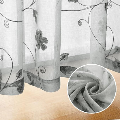 HOMEIDEAS Grey Sheer Curtains 96 Inches Long 2 Panels Embroidered Floral - Image 5