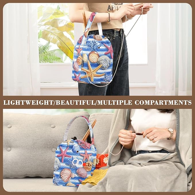 Blue Striped Starfishes Seashells Corals Yarn Bag Small Crochet Bag Drawstring - Image 5