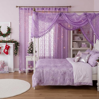 WAZZIO Boho Lace Curtains 84 Inch 2 Panels -Sheer Panel Drape Floral Pattern & - Image 3
